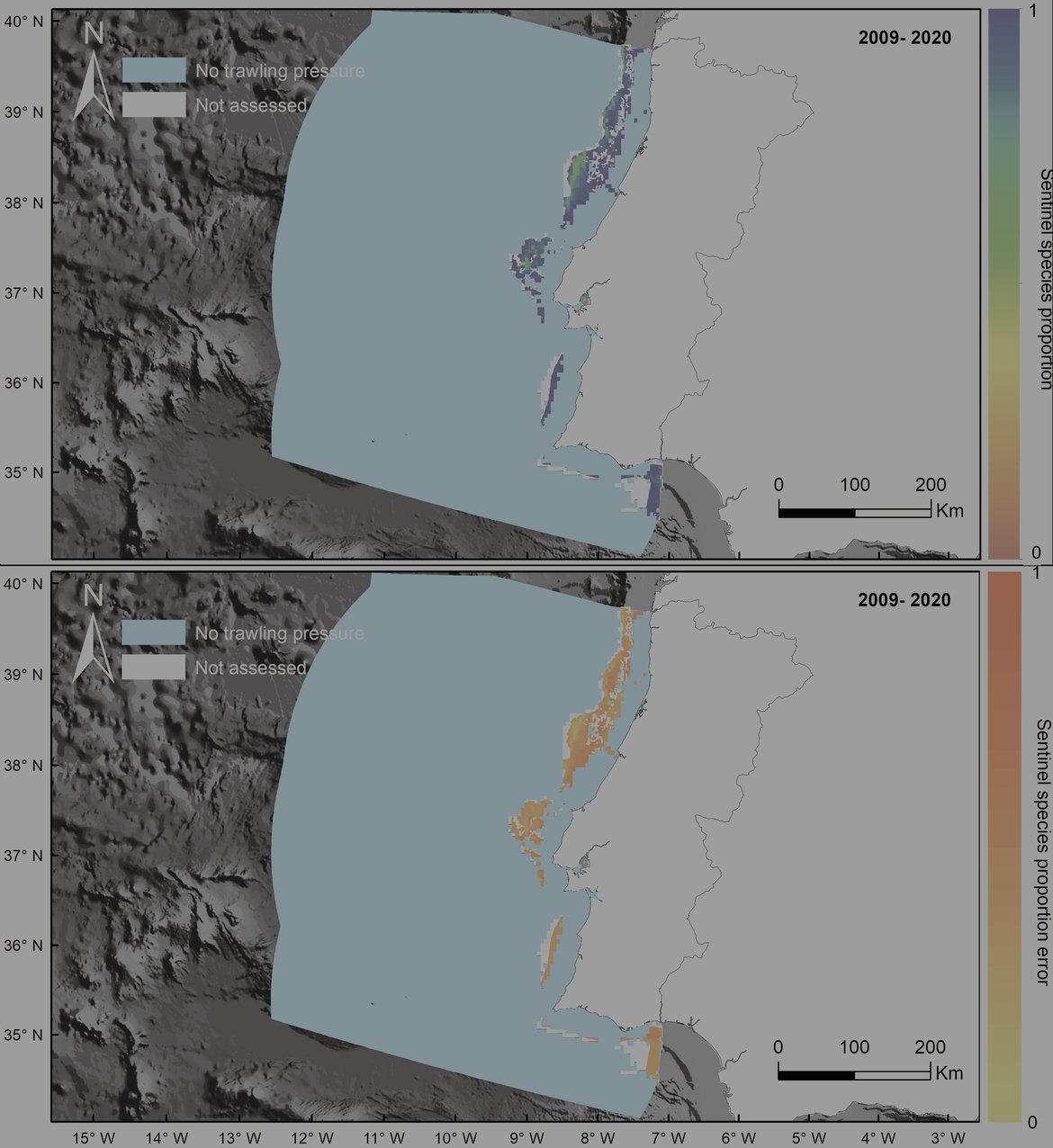 Figure v: South Iberian Atlantic. Overall Common Indicator Assessment area. Top: Prediction of sentinel species based on the mean SAR value from 2009 to 2020. Bottom: Standard error associated with the prediction of sentinel species proportion from 2009 to 2020. The shaded figure highlights that in this assessment unit, the bottom-trawling effort was underrepresented; therefore, this unit's assessment will also be underestimated