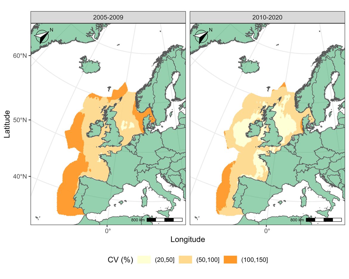 Figure v: (B) Uncertainty map (coefficient of variation in %) of predicted distribution of minke whale in July between 2005 and 2020.