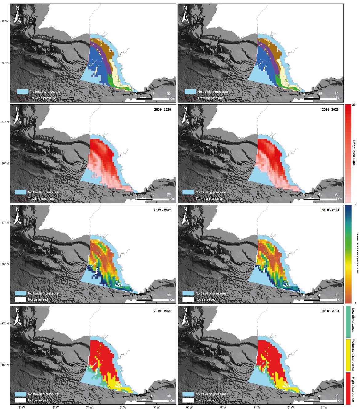 Figure aq: Gulf of Cadiz. Summary figure of the BH1 QSR 2023 assessment. From top to bottom: MSFD habitats assessed; Mean swept area ratio (SAR); Predicted sentinel species proportion based on the pressure-states curves; Final assessment status.: From 2009 to 2020; from 2016 to 2020