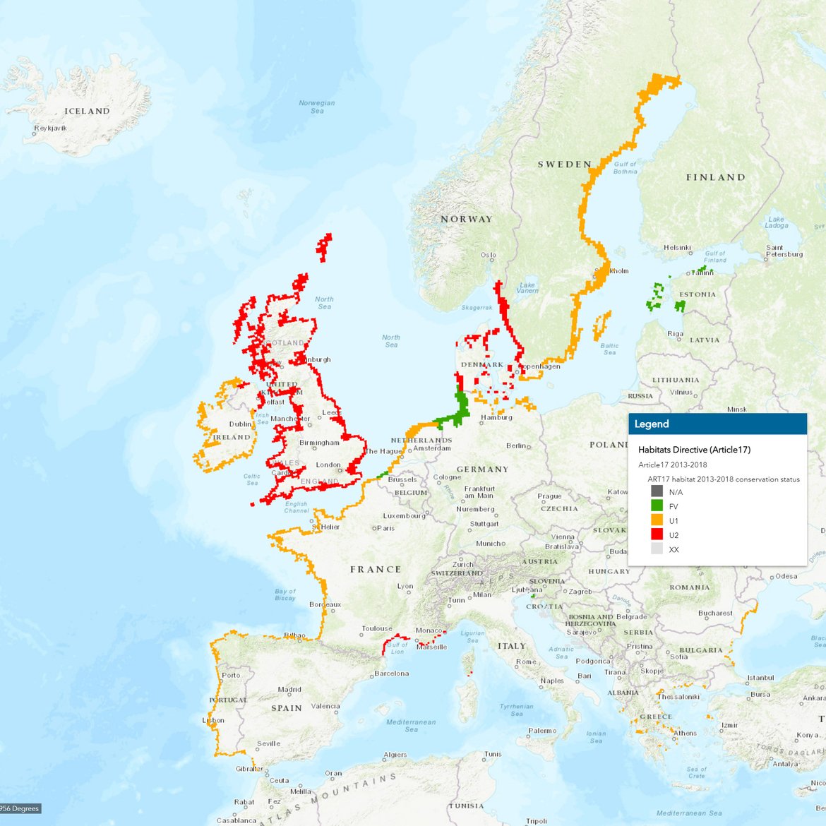 Figure 1. Status of habitat type 1140 ‘mudflats and sandflats not covered by seawater at low tide’, HD Article 17 summary report by EEA). Green: FV (Favourable): A habitat is in a situation where it is prospering and with good prospects to do so in the future as well; Orange: U1 (Unfavourable-Inadequate): A habitat is in a situation where a change in management or policy is required to return the habitat to favourable status but there is no danger of disappearance in the foreseeable future; Red: U2 (Unfavourable-Bad): A habitat is in serious danger of disappearing (at least regionally); Grey: XX (Unknown): The information available for the habitat type is scarce and does not allow a proper assessment of its conservation status (Map source: https://maps.eea.europa.eu/)