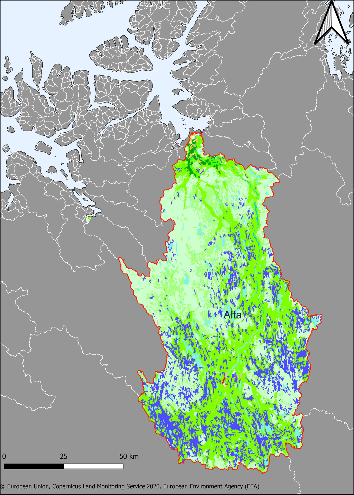 Figure 2.1.1: Map showing the extent and land use in the Alta river basin