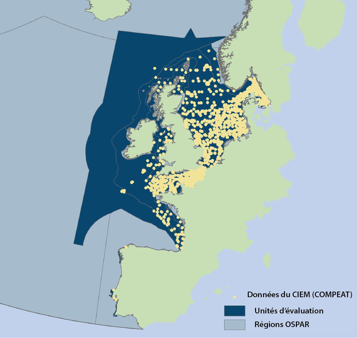 Figure d : Zone évaluée indiquant les sites pour lesquels des données du CIEM étaient disponibles pour la période de 2015 à 2020, filtrées par saison (échantillons prélevés pendant la saison de stratification du 1er juillet au 31 octobre), et par profondeur (échantillons prélevés à moins de 10 m du fond marin), pour obtenir les données spécifiques requises pour les évaluations
