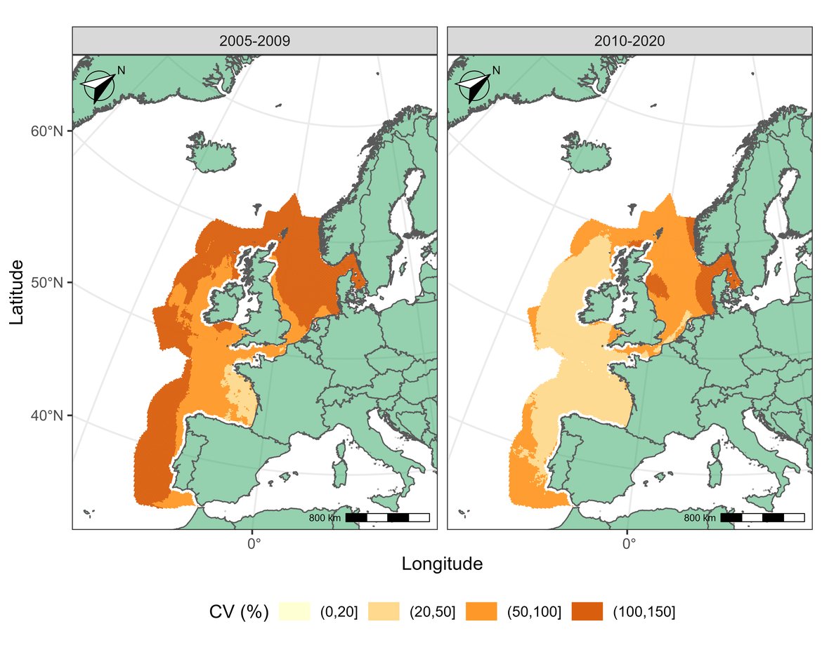 Figure o: (B) Uncertainty map (coefficient of variation in %) of predicted distribution of offshore bottlenose dolphins in July between 2005 and 2020.