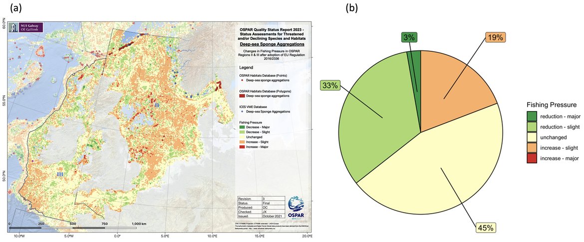 Figure 4: (a) Relative change in fishing pressure in OSPAR Region II after introduction of EU regulation 2016/2336 and (b) change in fishing pressure in those cells known to contain records of deep-sea sponge aggregations. Based on data from the Global Fishing Watch aggregated to a resolution of 25km2