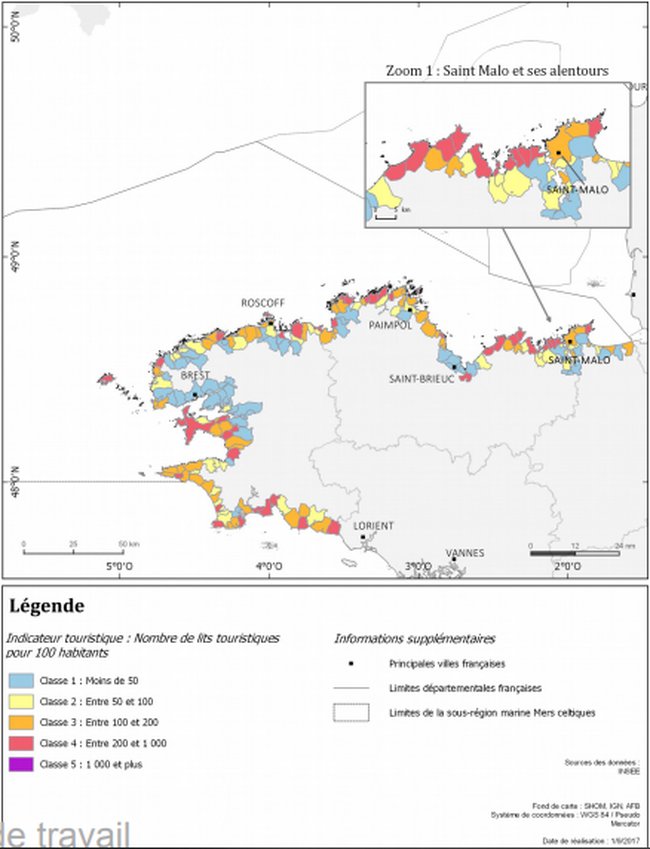 Figure 12: Rate of tourist function (number of tourist beds per 100 inhabitants)  by coastal municipality in the coastal area; Source: (Ministère de la Transition écologique et solidaire, 2018