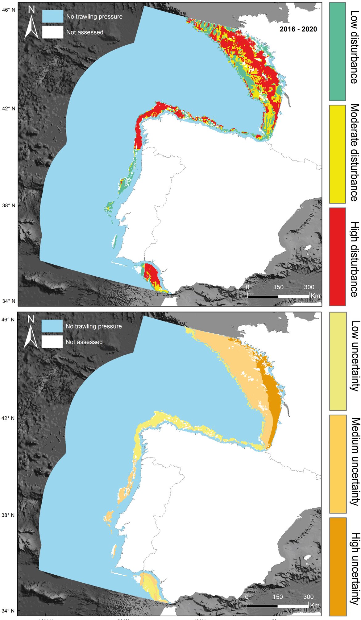 Figure ad: Common Indicator Assessment area. Top: Final assessment status for the period from 2016 to 2020. Bottom: Uncertainty associated with the assessment of habitat status