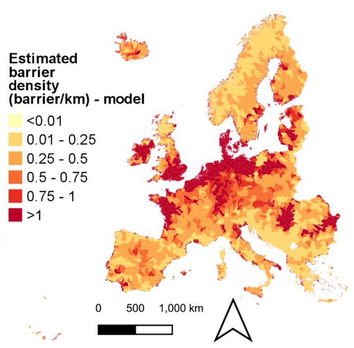 Figure 5: Extent of river fragmentation in Europe. The map shows the barrier density (barrier/km) in sub-catchments across Europe based on barrier modelling (Belletti et al., 2020)