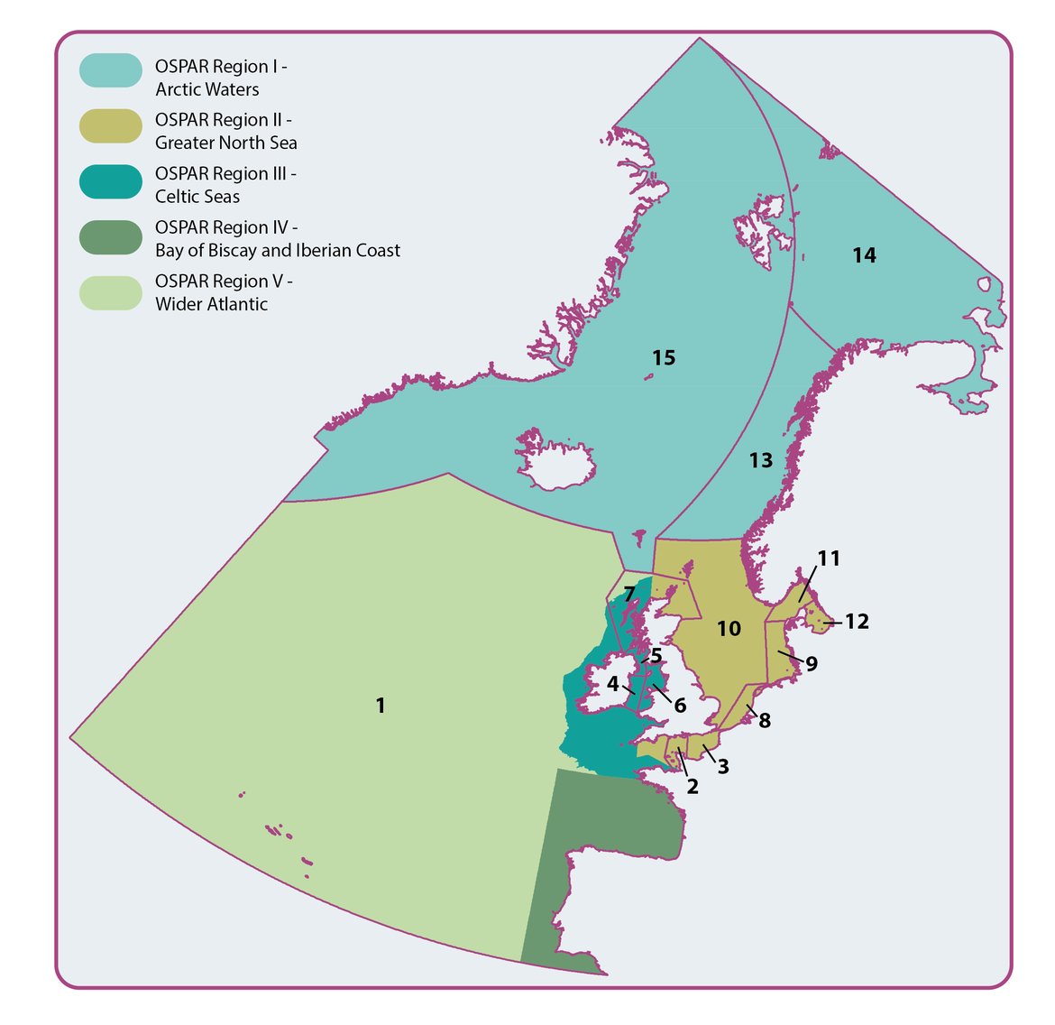 Figure 3.1: Comparison of established OSPAR RSC sub-regions and the five main regions of the OSPAR Maritime Area. The 15 OSPAR RSC sub regions are: 1. Wider Atlantic, 2. Cap de la Hague Channel, 3. Channel East, 4. Irish Sea (Rep. of Ireland), 5. Irish Sea (Northern Ireland), 6. Irish Sea, 7. Scottish waters, 8. North Sea South (Belgian and Dutch Coast), 9. German Bight, 10. North Sea (NW, SE, and Central), 11. North Sea (Skagerrak), 12. Kattegat, 13. Norwegian Coastal Current, 14. Barents Sea and 15. Norwegian, Greenland Seas and Icelandic Waters.