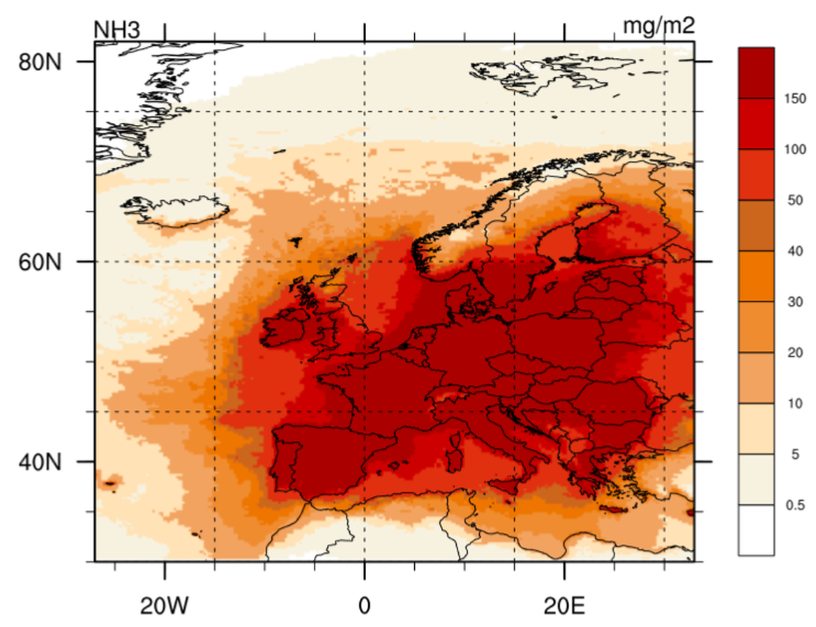 Figure A.5. Deposition of reduced nitrogen (ammonium) originating in EU member states (Klein et al., 2022)