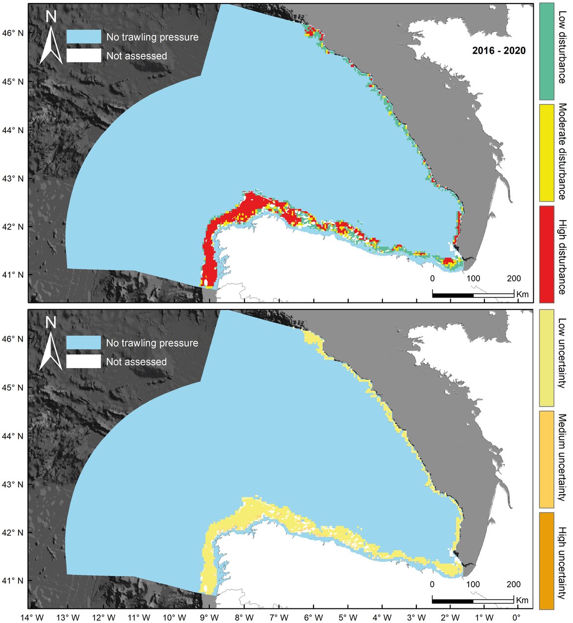 Figure aj: North Iberian Atlantic. Top: Final assessment status for the period from 2016 to 2020. Bottom: Uncertainty associated with the assessment of habitat status.