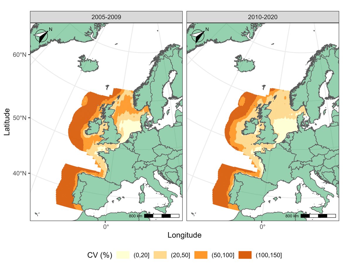 Figure k: (B) Uncertainty map (coefficient of variation in %) of predicted distribution of harbour porpoise in July between 2005 and 2020.