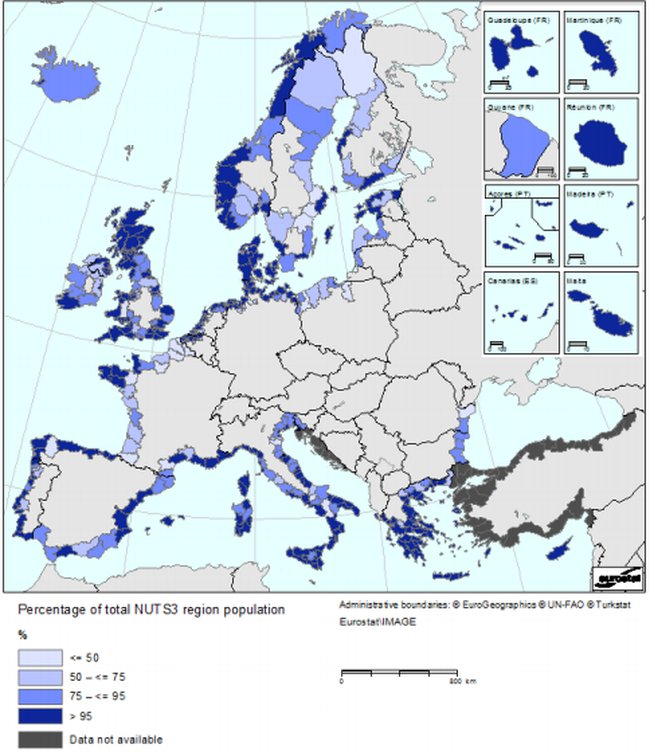 Figure 18: Share of population in coastal regions living within 50 km from the coastline by NUTS3 regions; Source: Eurostat, 2013