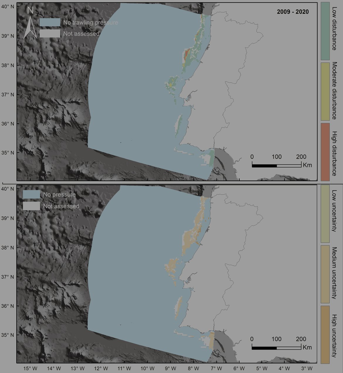 Figure al: South Iberian Atlantic Top: Top: Final assessment status from 2009 to 2020. Bottom: Uncertainty associated with the assessment of habitat status. The shadowy figure highlights that in this assessment unit, the bottom-trawling effort was underrepresented; therefore, this unit's assessment will also be underestimated