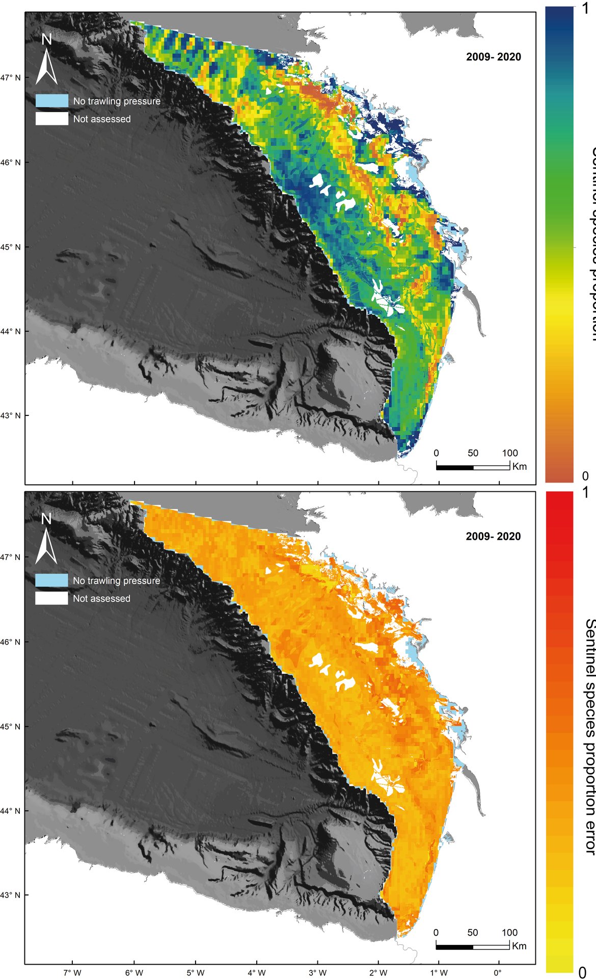 Figure r: Gulf of Biscay. Overall Common Indicator Assessment area. Top: Prediction of sentinel species based on the mean SAR value from 2009 to 2020. Bottom: Standard error associated with the prediction of sentinel species proportion from 2009 to 2020