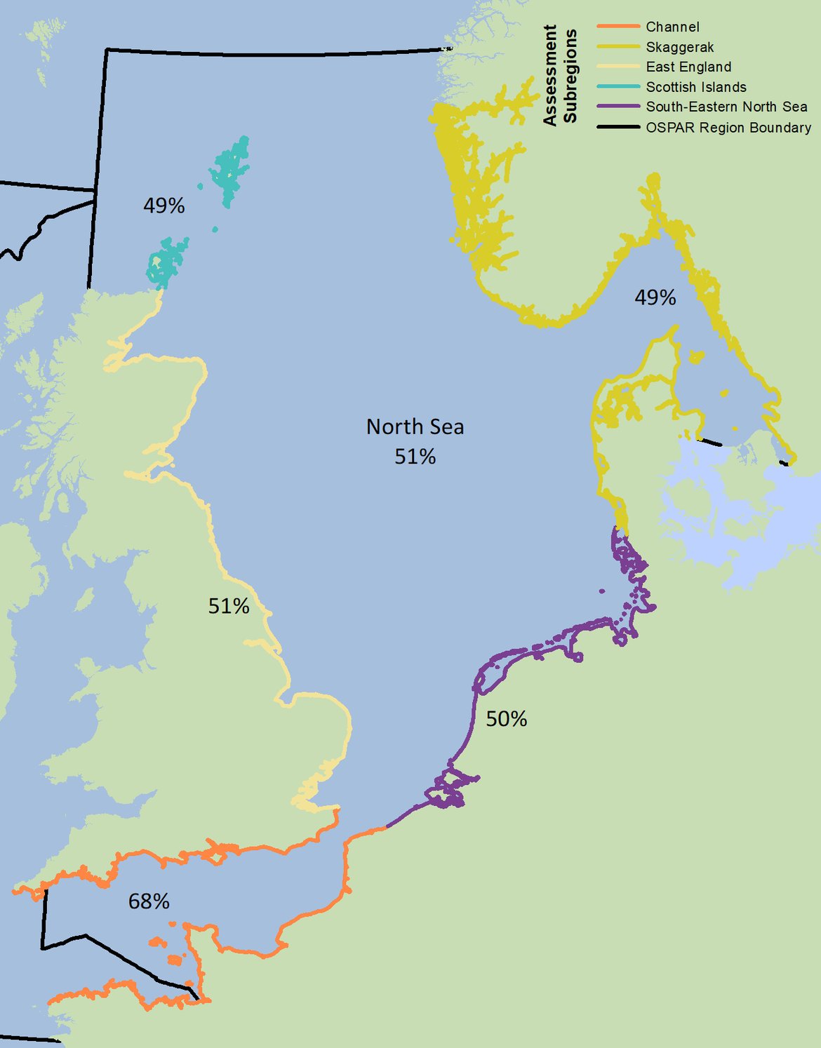 Figure 3: Proportions of fulmars having more than 0,1g plastic in the stomach (EcoQO performance) in different sub regions of the North Sea over the period 2014 to 2018.