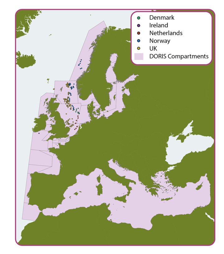 Figure 4.3: Spatial distribution of discharging installations in relation to the DORIS marine compartments.