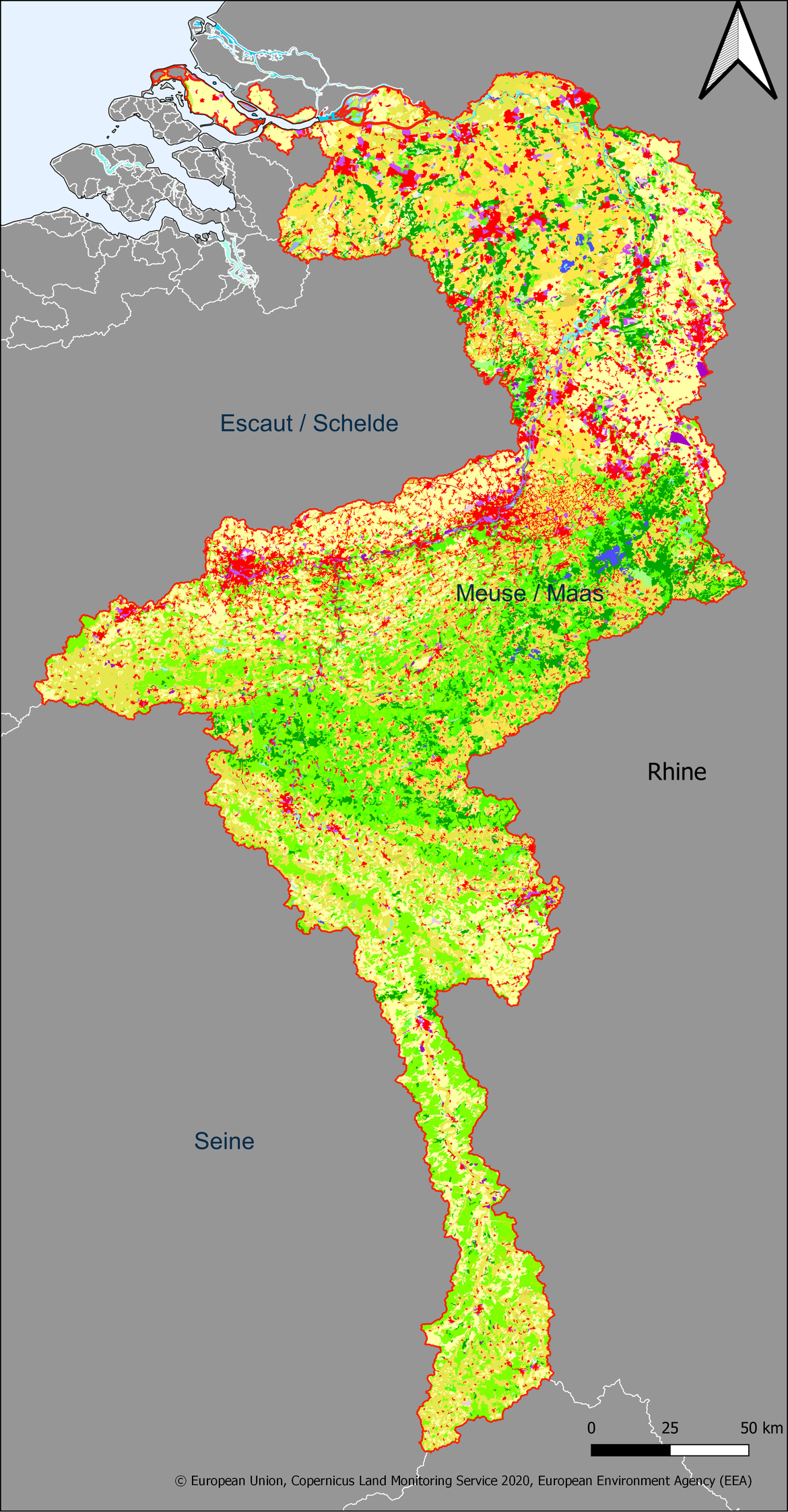 Figure 3.4.1: Map showing the extent and land use in the Meuse River basin