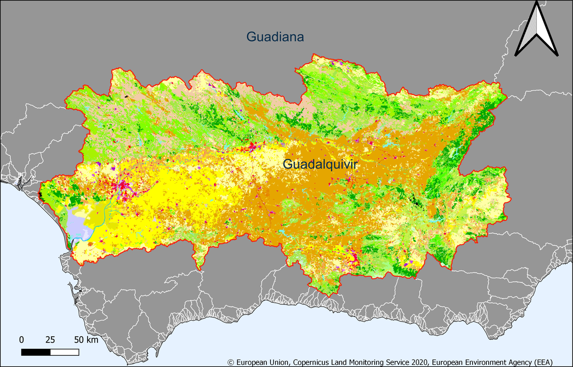 Figure 5.1.1: Map showing the extent and land use in the Guadalquivir river basin