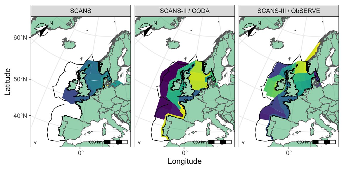 Figure b: Designs of the SCANS surveys (1994, 2005 and 2016) showing geographic coverage in the North-East Atlantic. The ship-based survey CODA of 2007 is joined with SCANS-II 2005. The aerial survey ObSERVE in summer 2016 is joined to SCANS-III 2016.