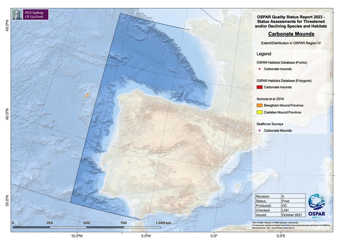 Figure 3: Recent discovery of two carbonate mound provinces on Galicia Bank significantly expand the known extent of this feature with Region V, in very close proximity to OSPAR Region IV shown here