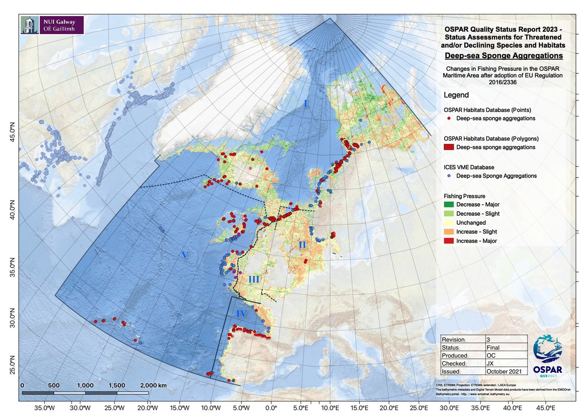 Figure 2: Relative change in fishing pressure across the OSPAR maritime area after introduction of the EU regulation 2016/2336