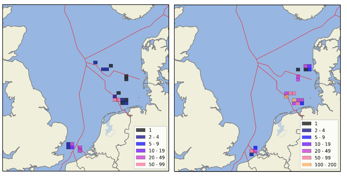 Figure 11 : Activités de battage de pieux notifiées entre 2015 et 2019 pour lesquelles les technologies de réduction du bruit (a) n'ont pas été appliquées, et (b) ont été appliquées