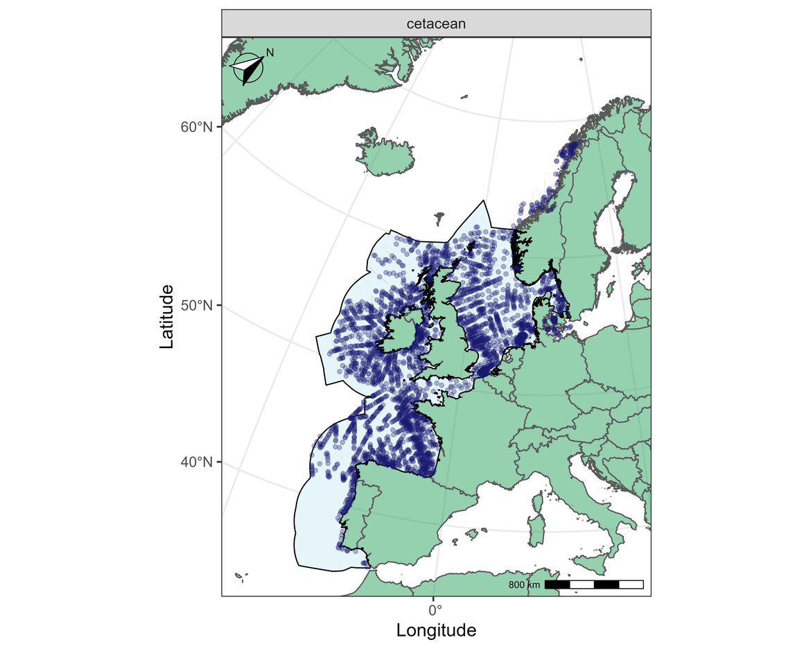 Figure a: Results from the OSPAR data call for cetacean sightings in 2016 from line-transect surveys in the North-East Atlantic.