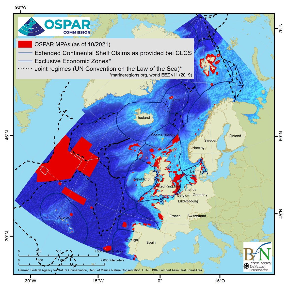 Figure 1.2: OSPAR MPAs and boundaries of the Exclusive Economic Zones (EEZs) and Extended Continental Shelves (as submitted to UN CLCS) of OSPAR Contracting Parties (as of 1 October 2021)⁷.