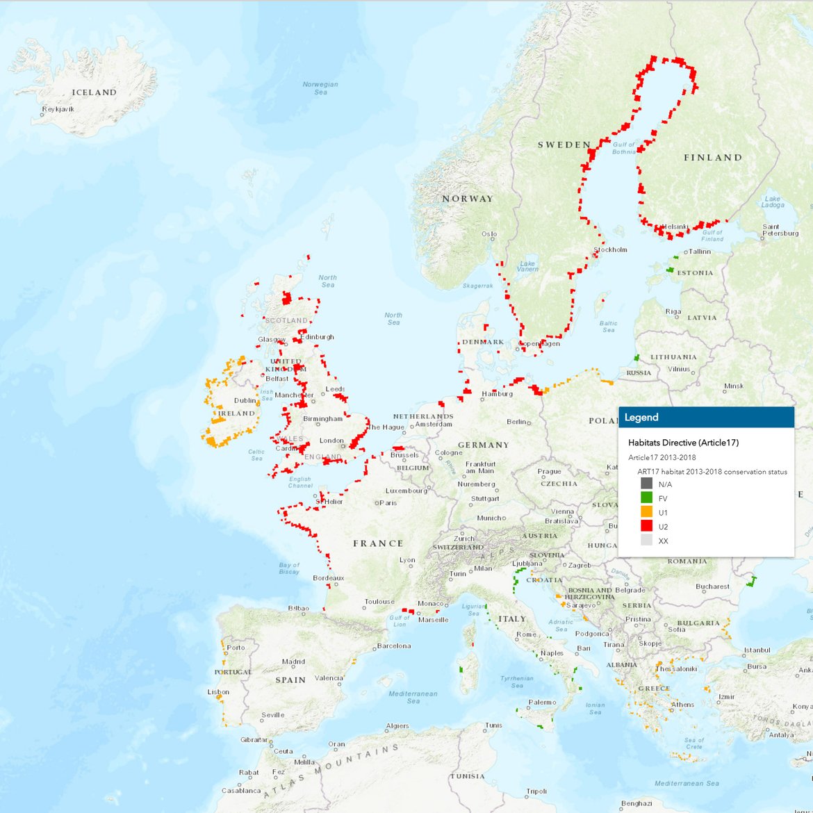Figure 2. Status of habitat type 1130 ‘estuaries’, HD Article 17 summary report by EEA: https://maps.eea.europa.eu/). For explanation of colours, see Figure 1