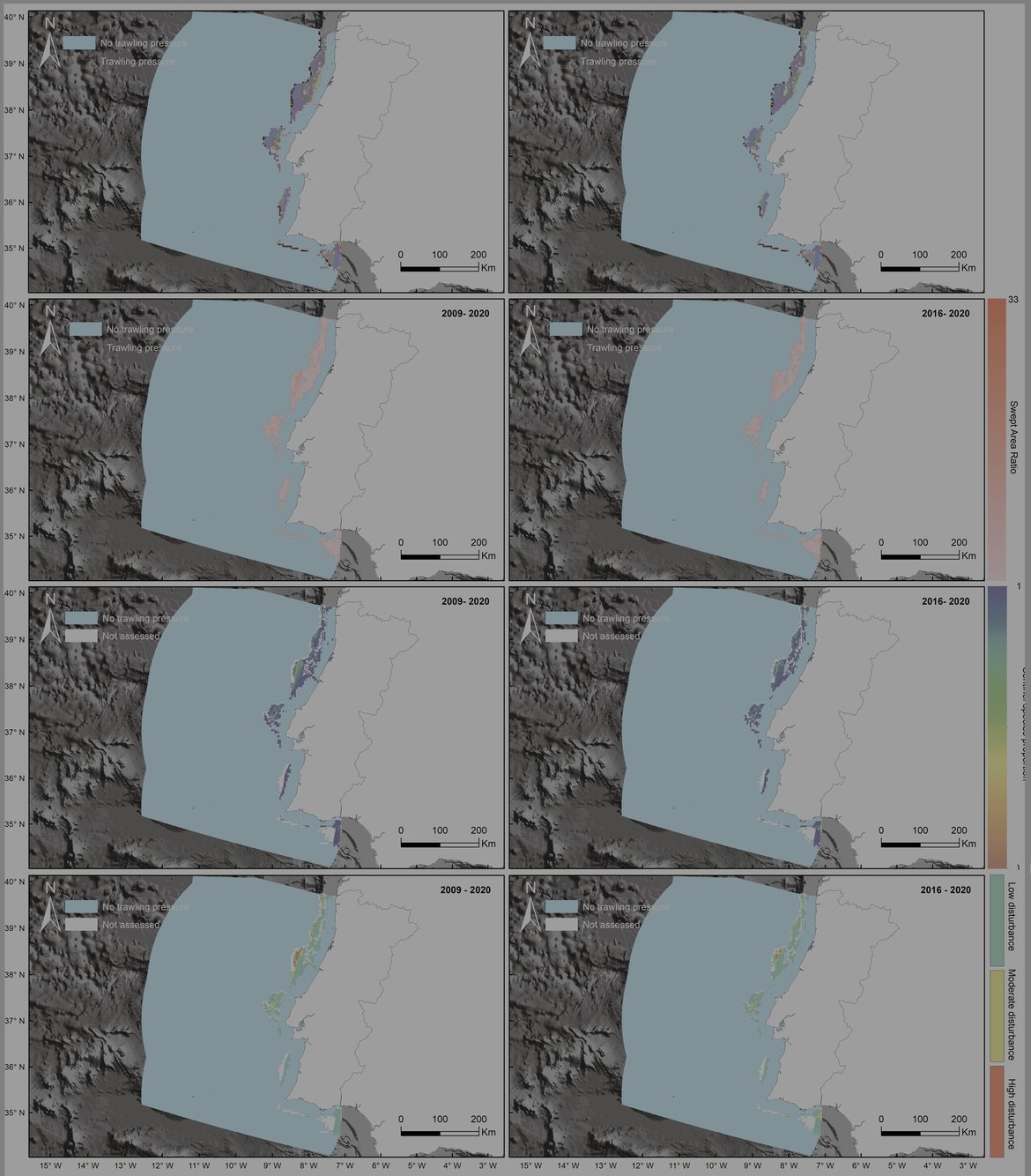 Figure an: South Iberian Atlantic Summary figure of the BH1 QSR 2023 assessment. From top to bottom: MSFD habitats assessed; Mean swept area ratio (SAR); Predicted sentinel species proportion based on the pressure-states curves; Final assessment status. From left to right: From 2009 to 2020; from 2016 to 2020