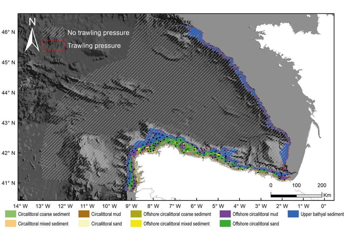 Figure f: The extent and distribution of the nine BBHTs assessed and the location of the hauls used in the North-Iberian Atlantic assessment unit.  The grey-hatched area corresponds to areas where there was no trawling effort