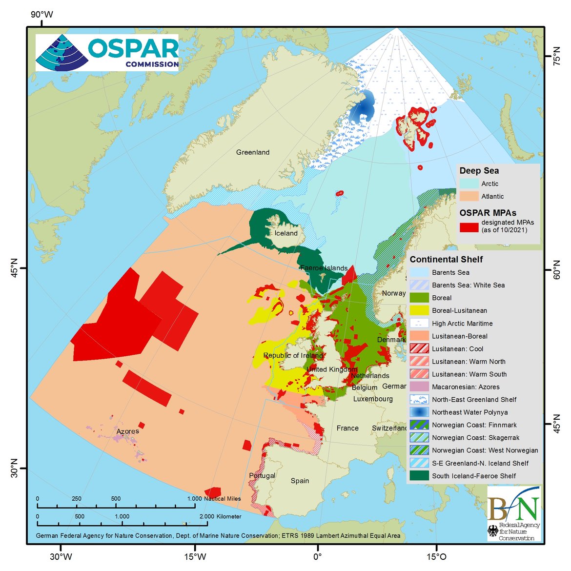 Figure 2.2: Dinter biogeographic provinces and MPAs in the OSPAR Maritime Area (as of 1 October 2021).