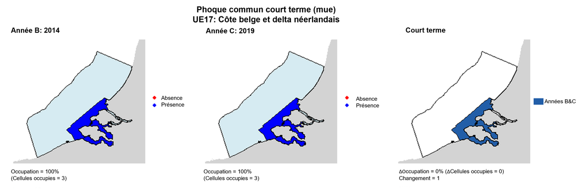 UE17 Analyse à court terme. Les cartes (a) et (b) montrent les données de comptage (rouge = absence, bleu = présence), l’UE est indiquée en bleu clair. (c) montre les données de présence/absence agrégées pour des mailles de 15 km (occupation = 0, changement = 1, n. polygons = 3). Il n’a pas été possible d'agréger ces données à des cellules de 15 km² en raison de la grande taille des polygones d'enquête