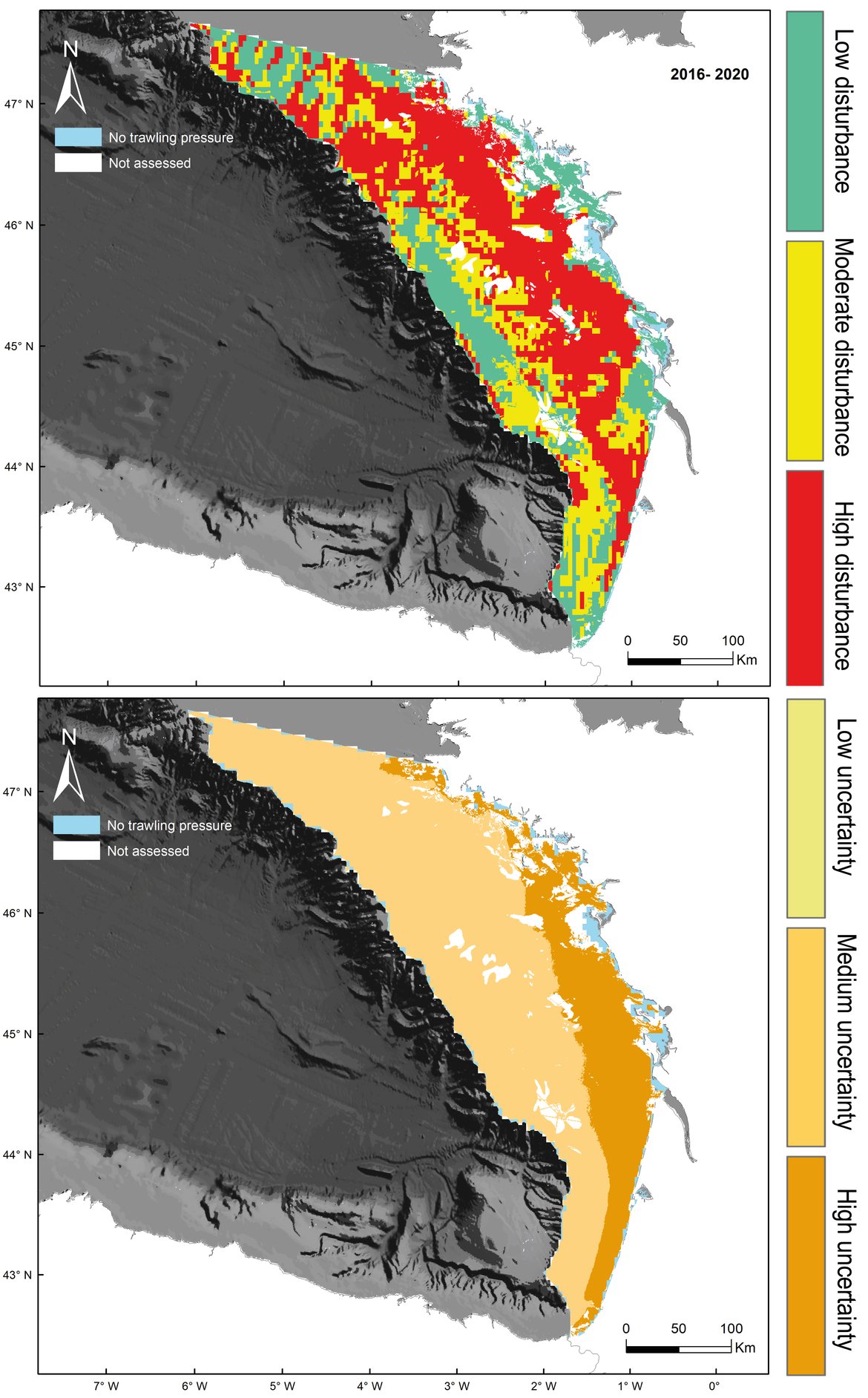 Figure ag: Gulf of Biscay. Top: Final assessment status for the period from 2016 to 2020. Bottom: Uncertainty associated with the assessment of habitat status