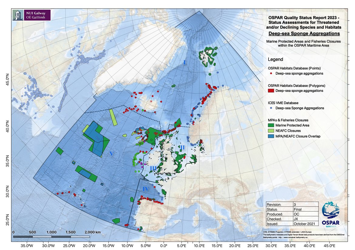 Figure 6: Deep-sea sponge aggregations distribution in relation to Marine Protected Areas and NEAFC bottom-fisheries closures in place across the OSPAR maritime area