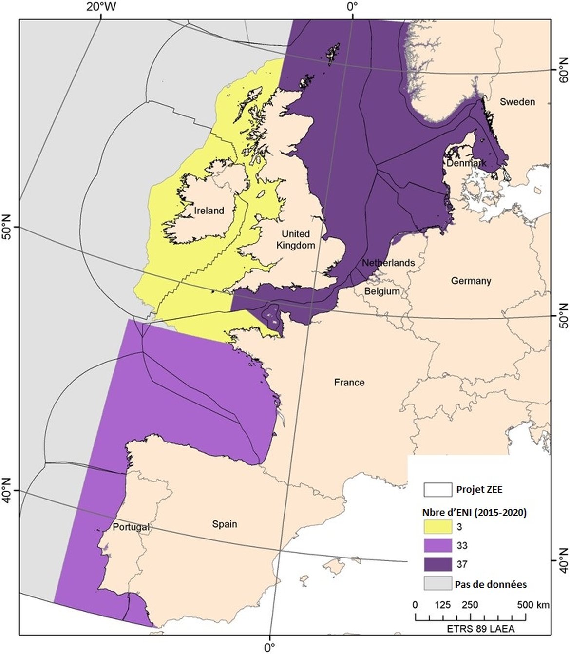 Figure 7 : Nombre de nouveaux enregistrements d’ENI pour la période d’évaluation (2015-2020) pour chacune des trois Régions OSPAR