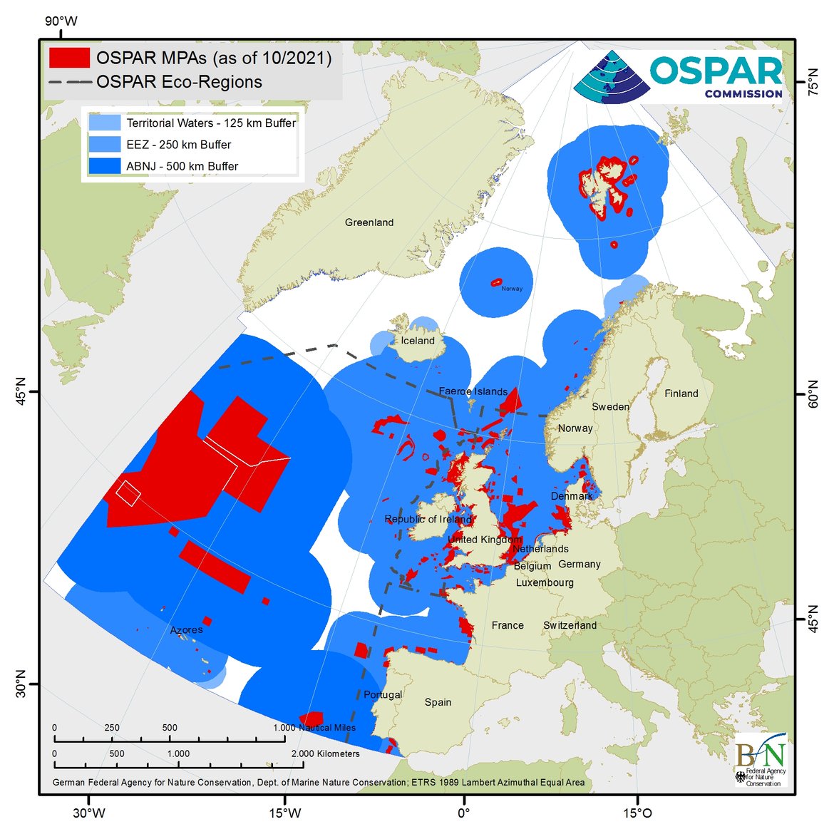 Figure 2.1: Proximity analysis of OSPAR MPAs as a proxy for the OSPAR MPA network principle of connectivity. White areas indicate gaps in the MPA network according to Madrid Criterion A.