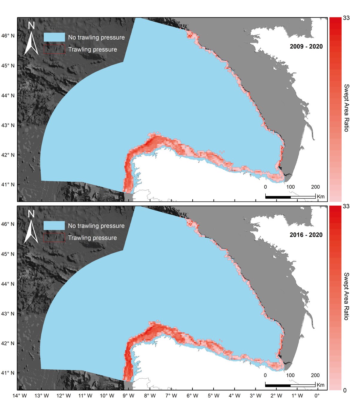 Figure k: North-Iberian Atlantic Assessment Unit. Mean swept area ratio (SAR) from 2009-2020 (top) and from 2016 to 2020 (bottom)