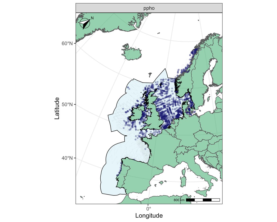 Figure f : Résultats de l'appel à données d'OSPAR concernant les observations de marsouins communs en 2016, provenant de relevés par transect linéaire dans l’Atlantique du Nord-Est.