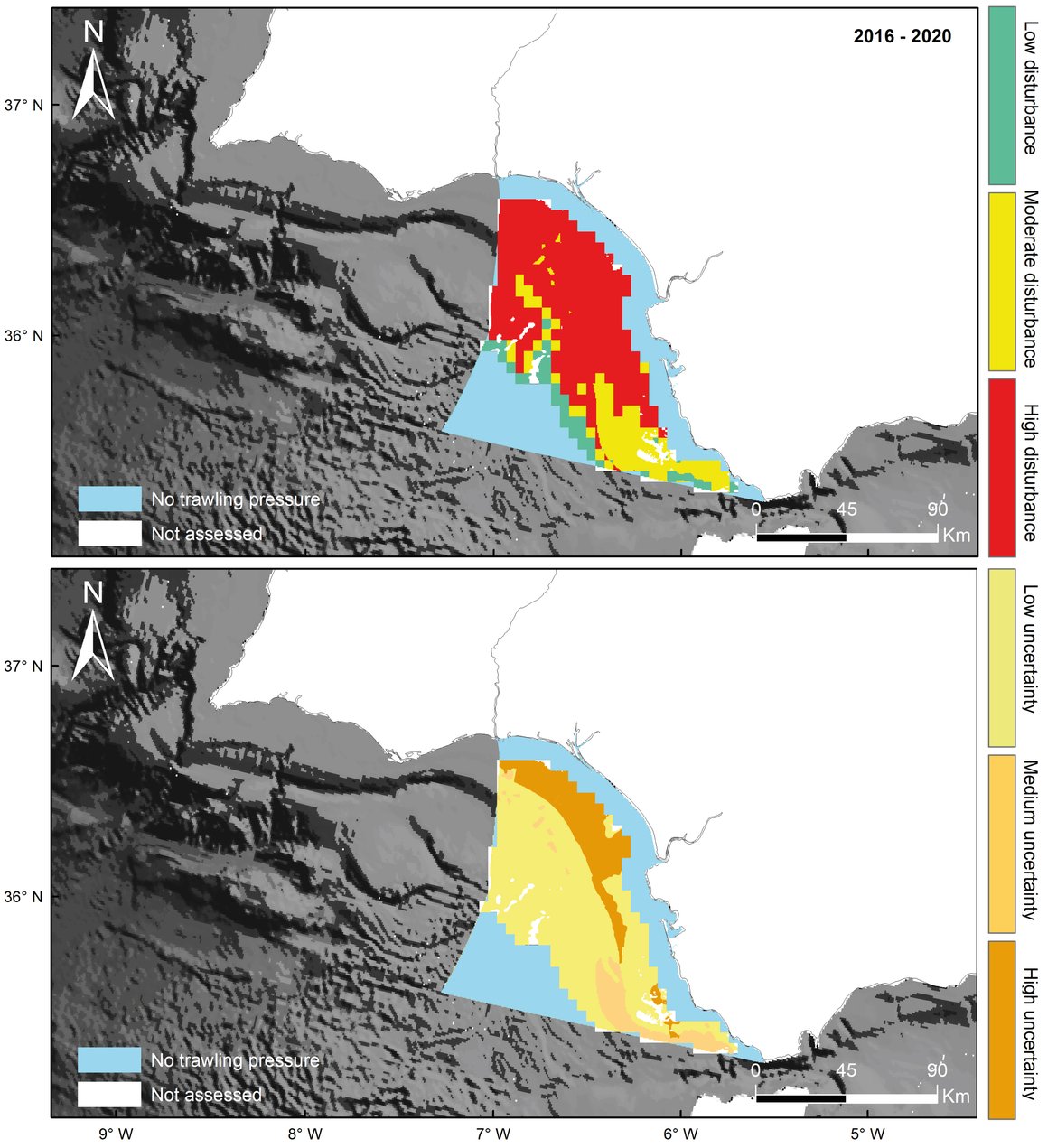 Figure ap: Gulf of Cadiz. Top: Final assessment status for the period from 2009 to 2020. Bottom: Uncertainty associated with the assessment of habitat status