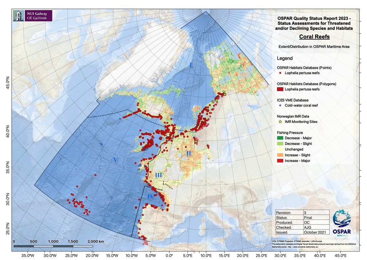 Figure 2: Distribution of coral reefs in the OSPAR region with fishing pressure.
