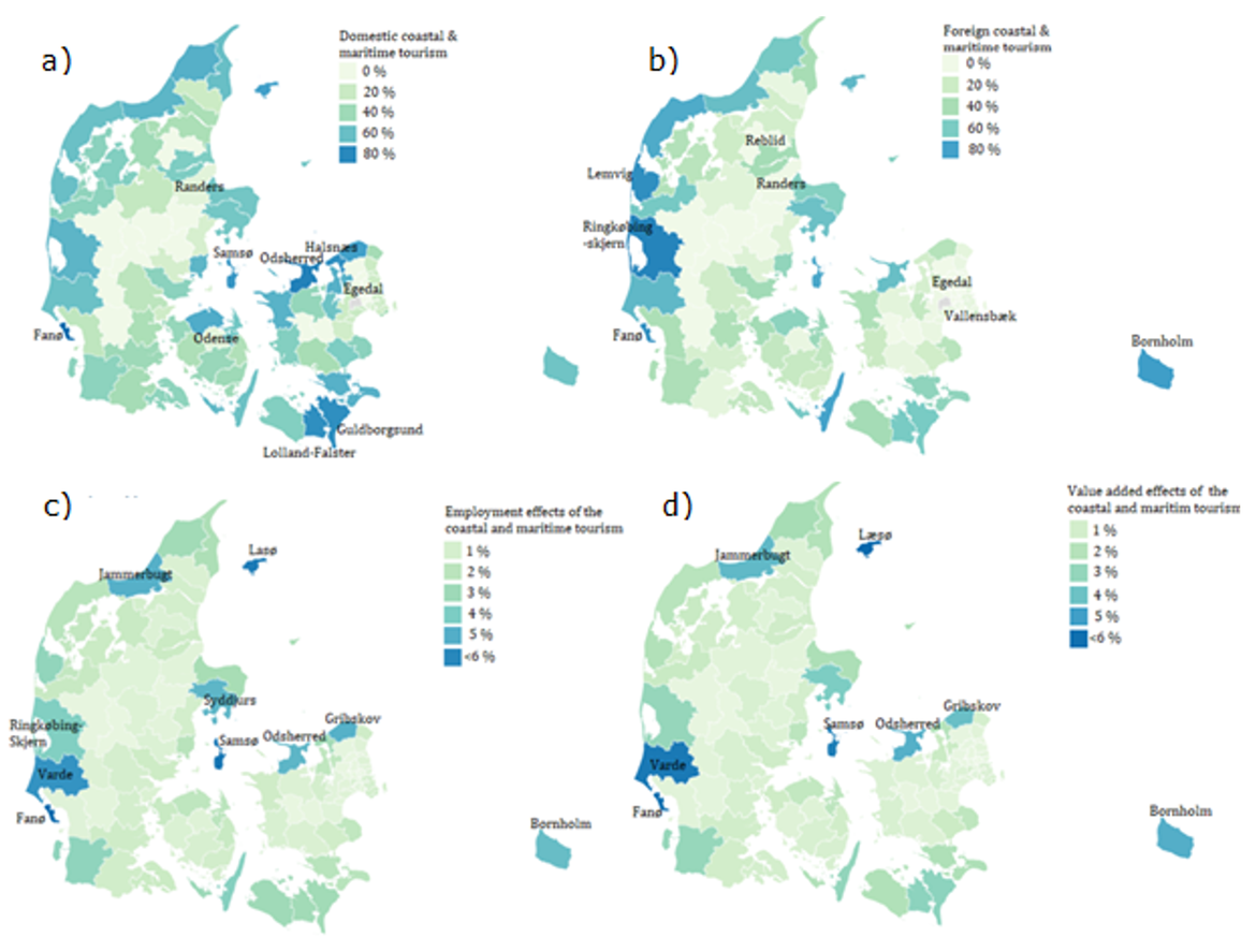Figure 5: Regional economic effect of coastal and maritime tourism in Denmark per municipality; a) Share domestic tourism; b) Share foreign tourism; c) total employment effects (% of total employment effect as a share of the total workforce in a municipality); d) The total value added effects (% of total GVA effects as a share of the total GVA created in the municipality) (Nielsen, Zhang, & Javakhishvili-Larsen, 2019)