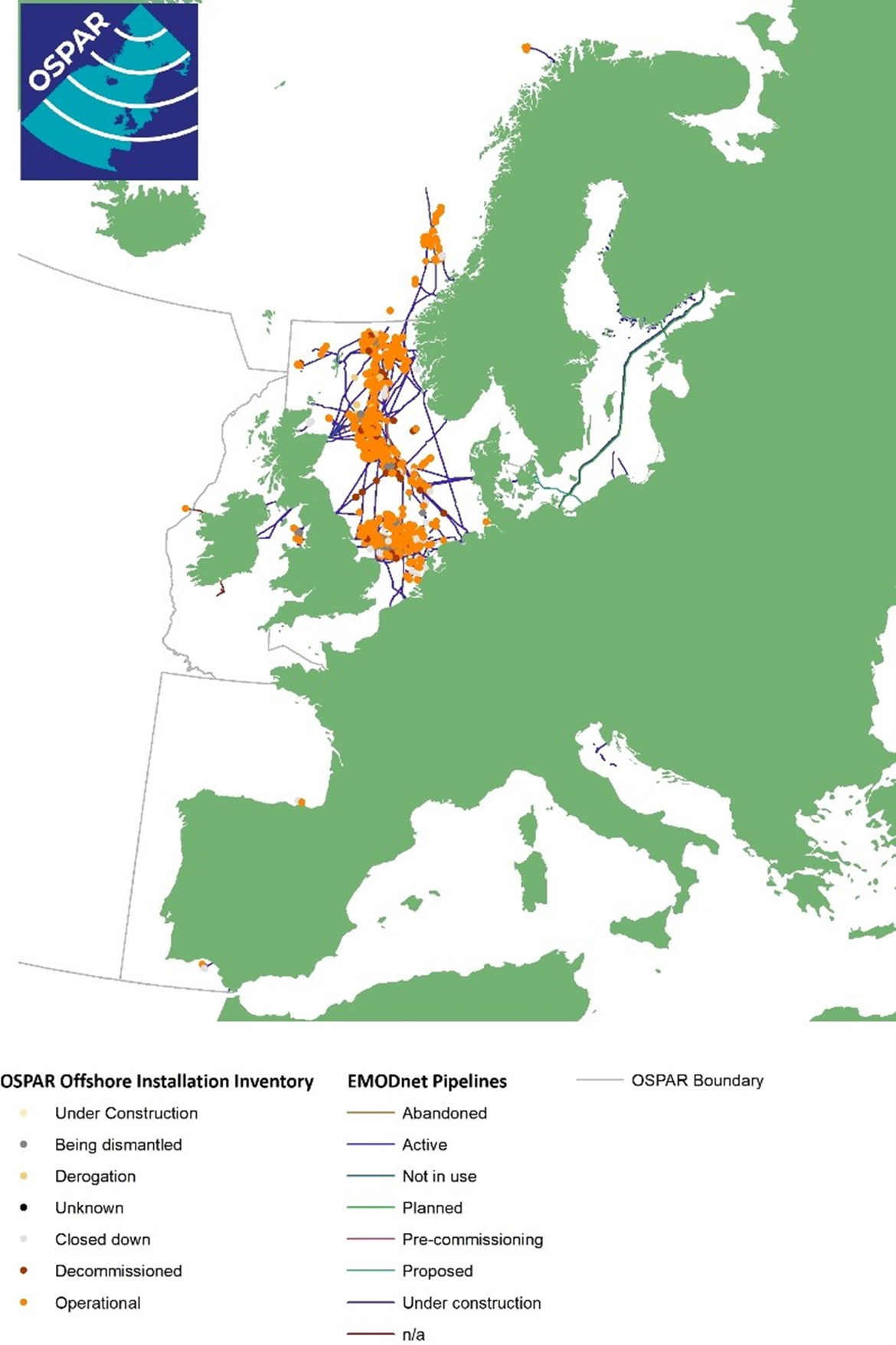 Figure A.1: Offshore oil and gas installations and pipelines in the OSPAR area