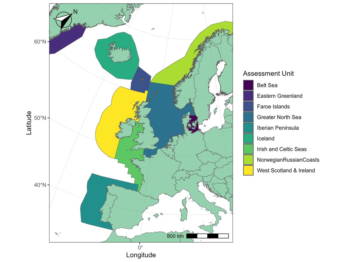 Figure c: Assessment units for the harbour porpoise. Modified from NAMMCO/IRM 2019. Only AUs that are partially or completely within the OSPAR Maritime Area are shown.