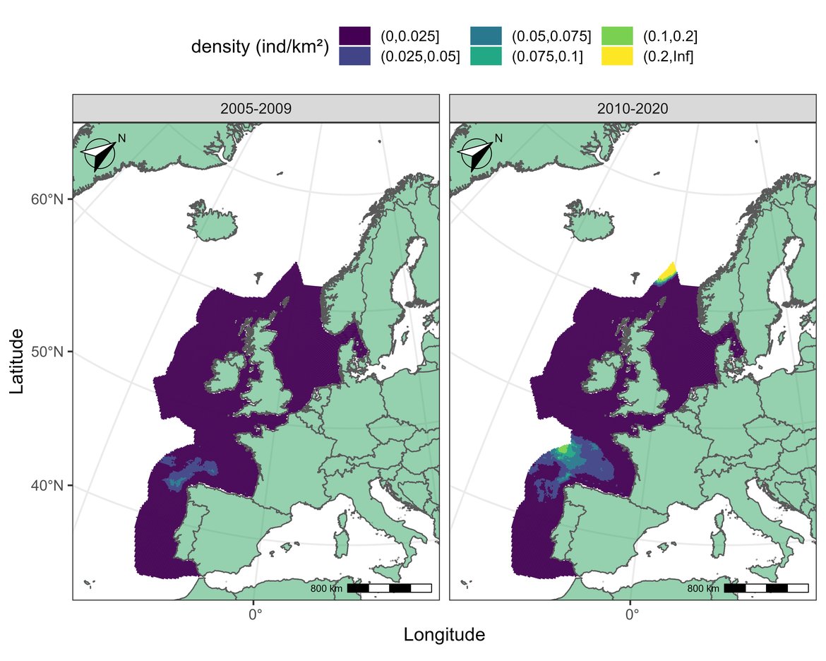 Figure w: (A) Average map of predicted distribution of fin whale in July between 2005 and 2020.