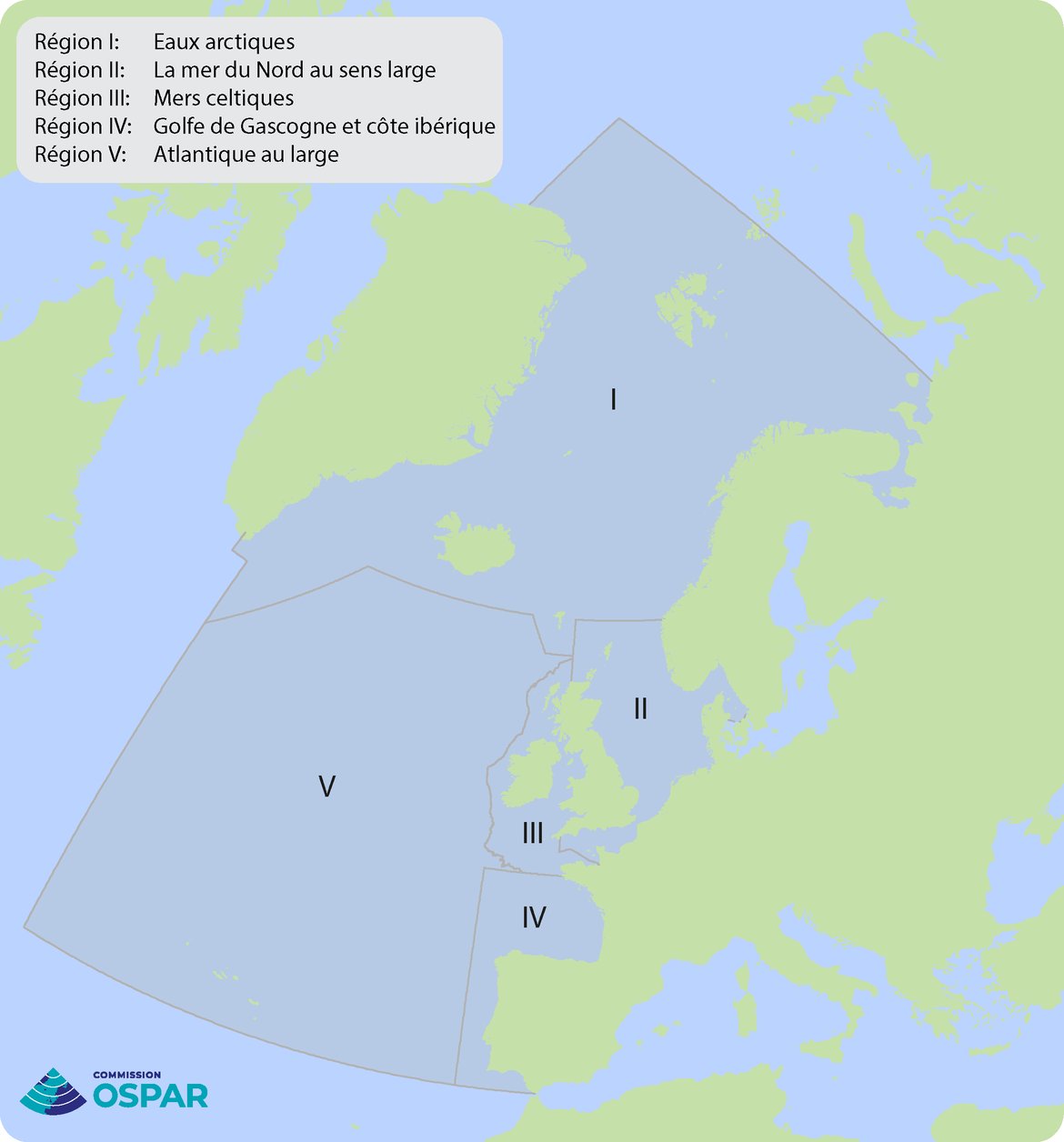 Figure e : Carte des Régions d'OSPAR. Les Régions mer du Nord au sens large (Région II), Mers celtiques (Région III) et Golfe de Gascogne et côte ibérique (Région IV) sont les trois Régions qui ont été utilisées pour l’évaluation