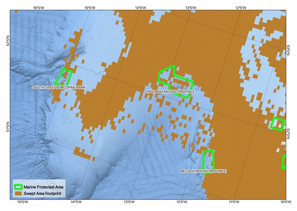 Figure 7: Example of bottom contacting fishing activity within the Hovland Mound Province SAC, Ireland in 2016. Map based on spatial data layers of swept area ratio produced by ICES in response to a 2017 request by OSPAR.
