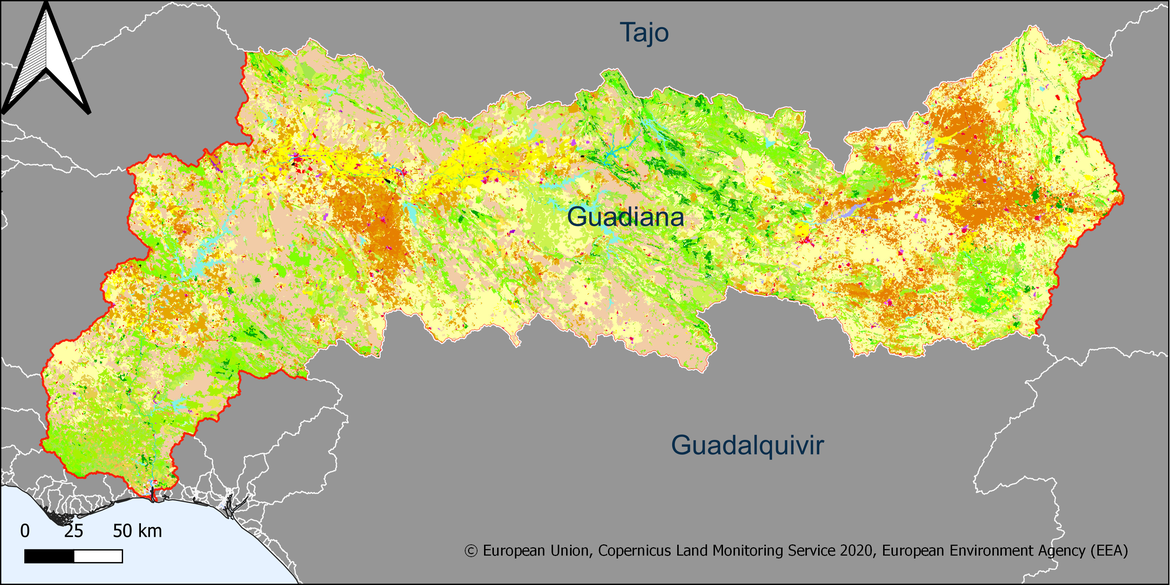 Figure 5.2.1: Map showing the extent and land use in the Guadiana river basin