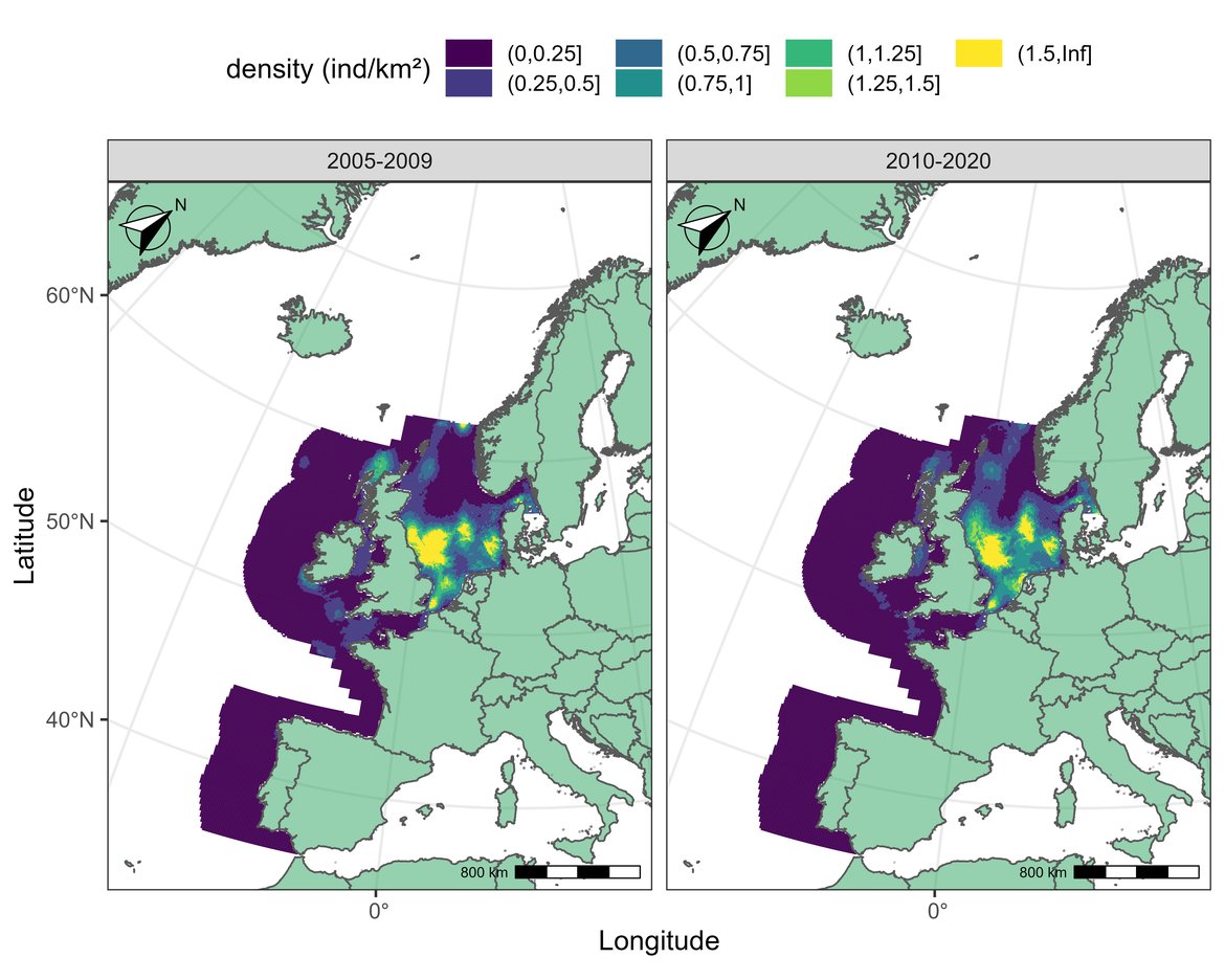 Figure k: (A) Average map of predicted distribution of harbour porpoise in July between 2005 and 2020.