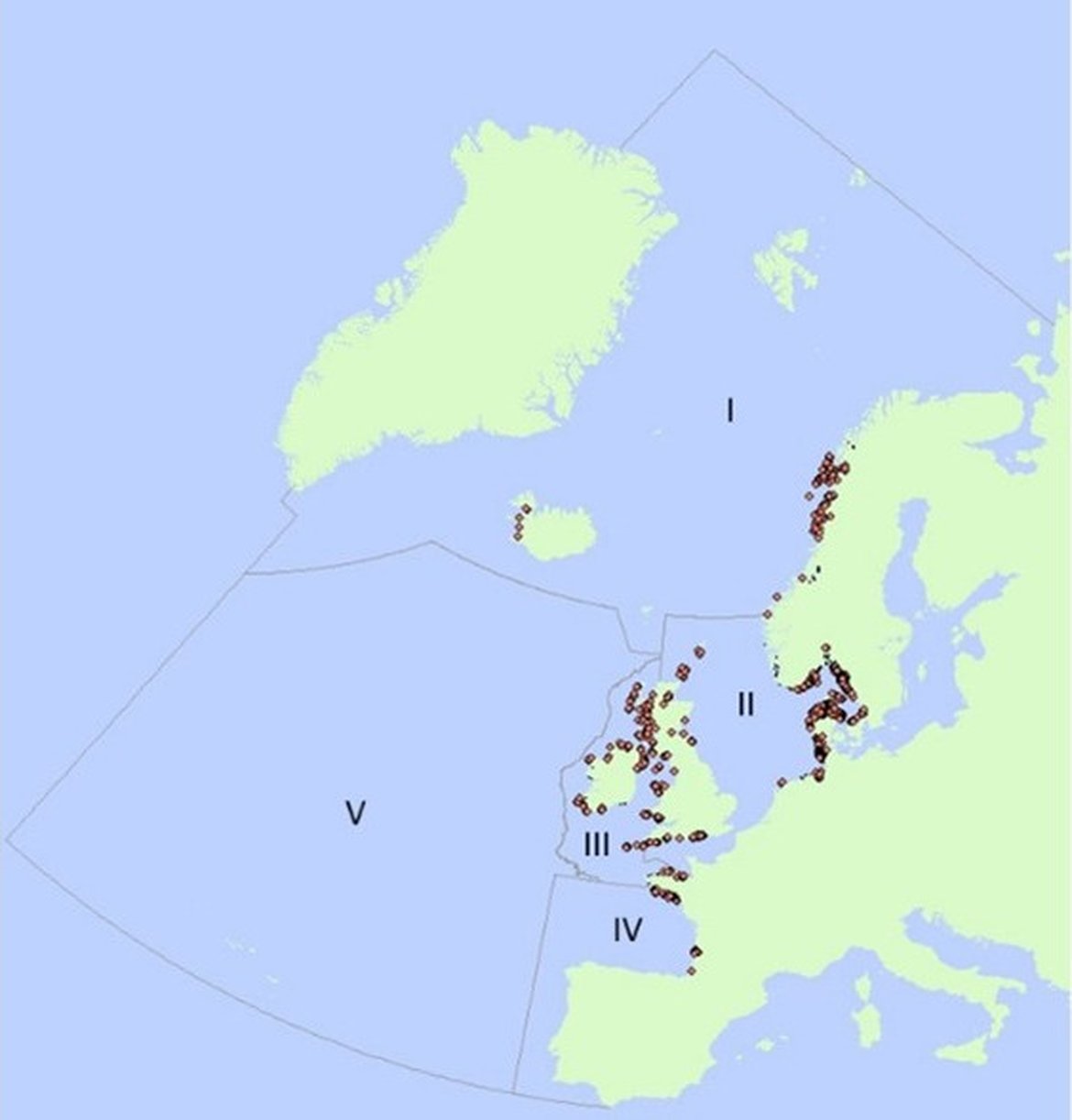 Figure 1: Documented Zostera bed distribution within the OSPAR Maritime Area. Data from OSPAR threatened and/or declining species and habitats database.
For Regions I and II: Recent information from the Nordic region and the Arctic (including the White Sea) is available in Boström et al. (2014), Krause-Jensen et al. (2020), Frigstad et al. (2021). For Spain and Portugal in Region IV, some information is available in García-Redondo et al. (2019).